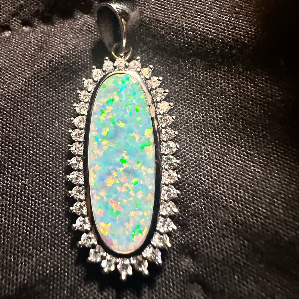 Solid Oval White Fire Opal .925 Sterling Silver P… - image 1